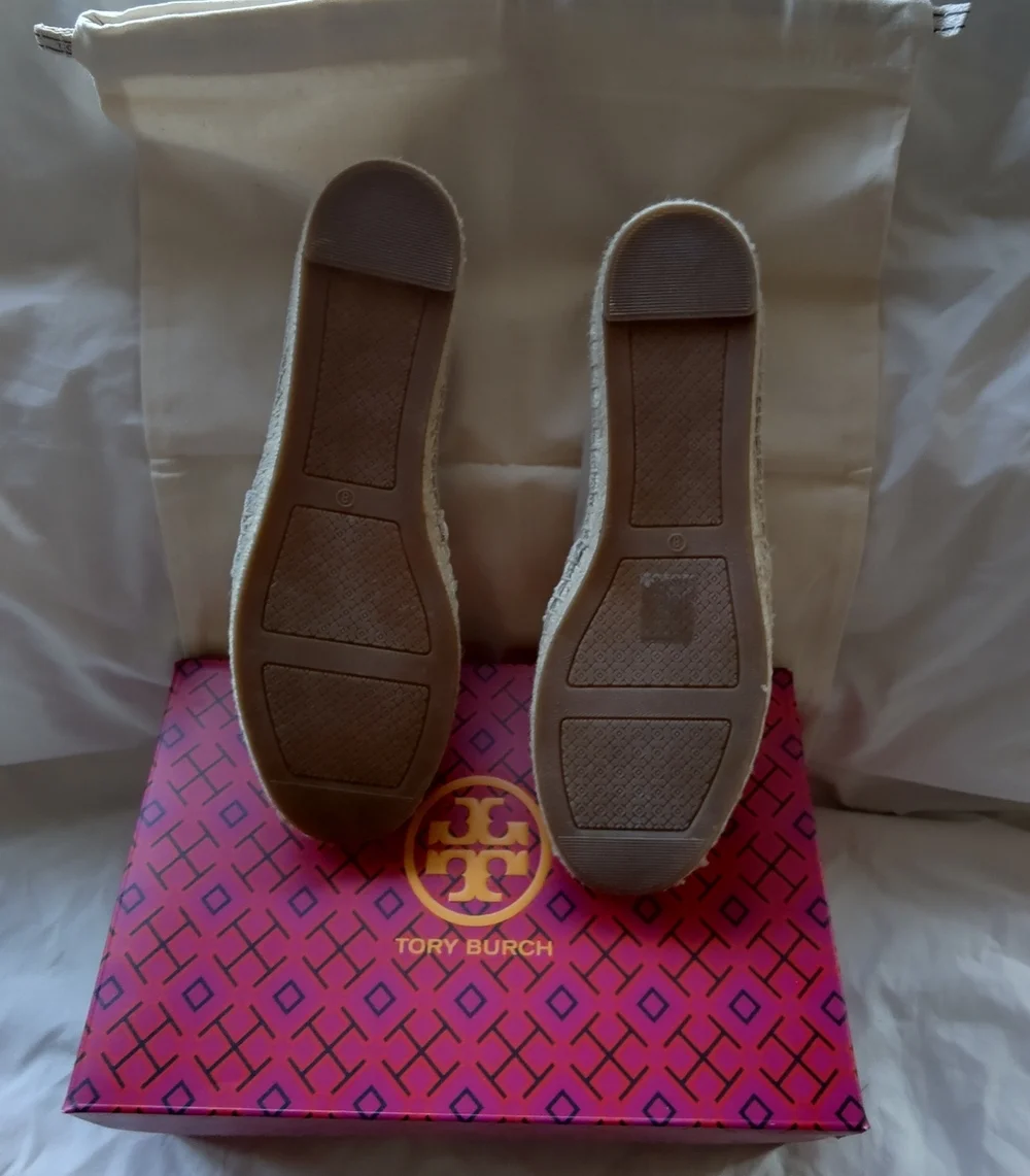NWOT Tory Burch 'Lacey' Cream & Khaki Canvas Espadrilles with Logo Medallion